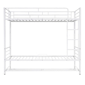 HomeRoots White Twin Over Twin Metal Bunk Bed with Built-In Storage for Kids – Stylish Space-Saving Design! 590386