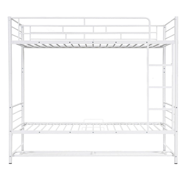 HomeRoots White Twin Over Twin Metal Bunk Bed with Built-In Storage for Kids – Stylish Space-Saving Design! 590386