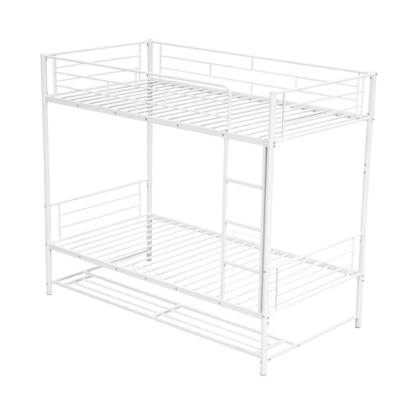 HomeRoots White Twin Over Twin Metal Bunk Bed with Built-In Storage for Kids – Stylish Space-Saving Design! 590386
