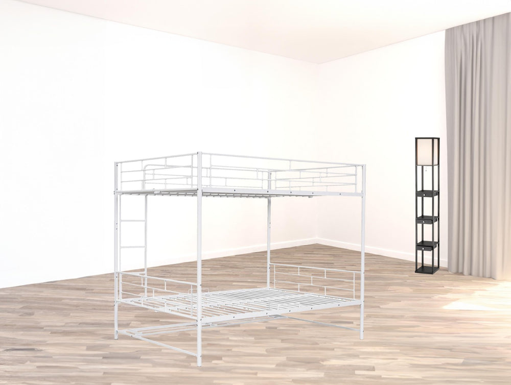HomeRoots White Full-Over-Full Metal Bunk Bed with Storage - Space-Saving, Modern Design for Shared Rooms & Sleepovers 590388