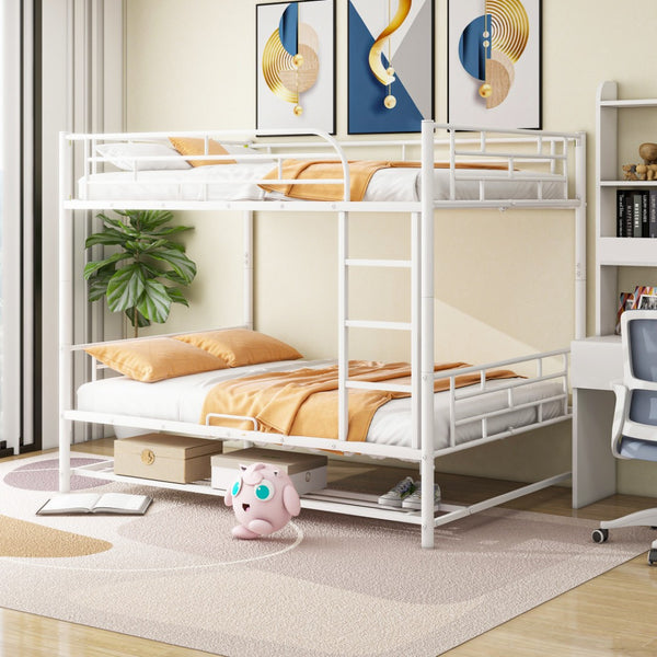 HomeRoots White Full-Over-Full Metal Bunk Bed with Storage - Space-Saving, Modern Design for Shared Rooms & Sleepovers 590388