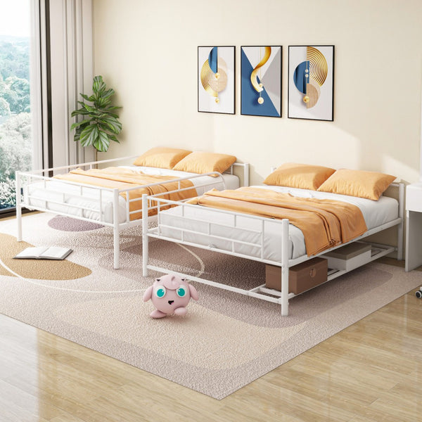 HomeRoots White Full-Over-Full Metal Bunk Bed with Storage - Space-Saving, Modern Design for Shared Rooms & Sleepovers 590388