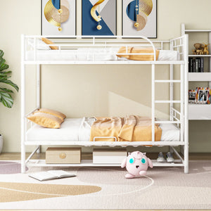 HomeRoots White Full-Over-Full Metal Bunk Bed with Storage - Space-Saving, Modern Design for Shared Rooms & Sleepovers 590388
