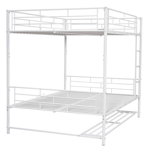 HomeRoots White Full-Over-Full Metal Bunk Bed with Storage - Space-Saving, Modern Design for Shared Rooms & Sleepovers 590388