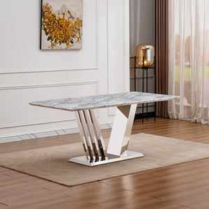 English Elm Marble Dining Table For 6-8 People, Stylish Rectangular Faux Marble Top With Chrome Base Elegance W3456S00022