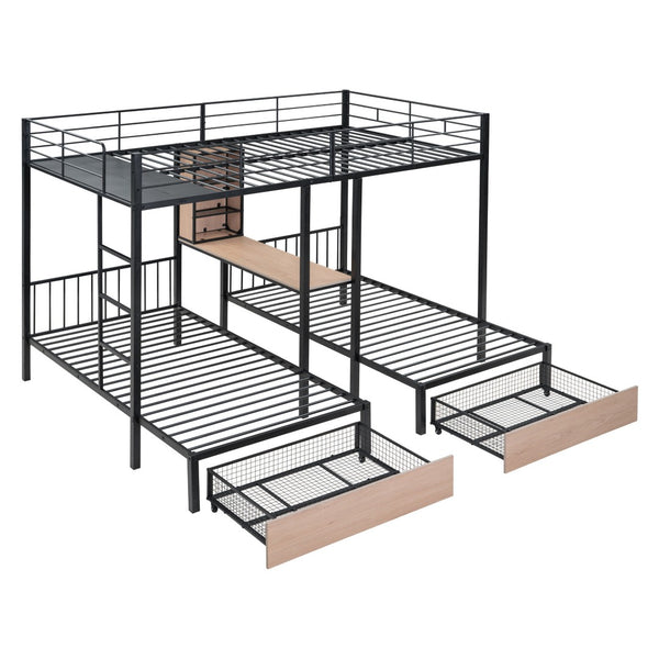 HomeRoots Black Metal Bunk Bed with Full Upper and Twin Lower Bunks, Desk & Storage - Ideal for Kids' Rooms! 590389
