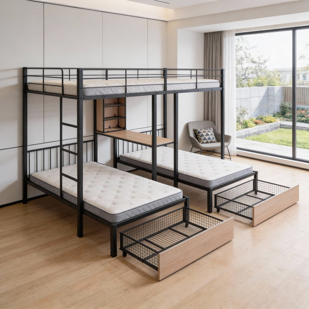 HomeRoots Black Metal Bunk Bed with Full Upper and Twin Lower Bunks, Desk & Storage - Ideal for Kids' Rooms! 590389
