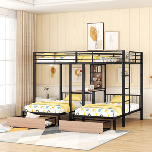 HomeRoots Black Metal Bunk Bed with Full Upper and Twin Lower Bunks, Desk & Storage - Ideal for Kids' Rooms! 590389
