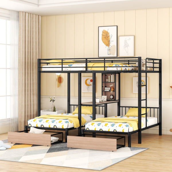 HomeRoots Black Metal Bunk Bed with Full Upper and Twin Lower Bunks, Desk & Storage - Ideal for Kids' Rooms! 590389