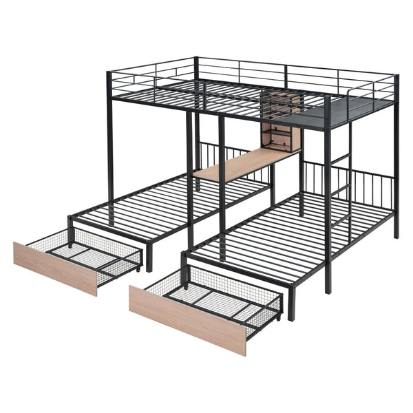 HomeRoots Black Metal Bunk Bed with Full Upper and Twin Lower Bunks, Desk & Storage - Ideal for Kids' Rooms! 590389