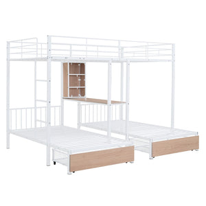 HomeRoots White Full Over Two Twins Metal Bunk Bed with Desk, Storage & Safety Guardrails for Kids’ Rooms 590390