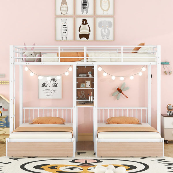 HomeRoots White Full Over Two Twins Metal Bunk Bed with Desk, Storage & Safety Guardrails for Kids’ Rooms 590390