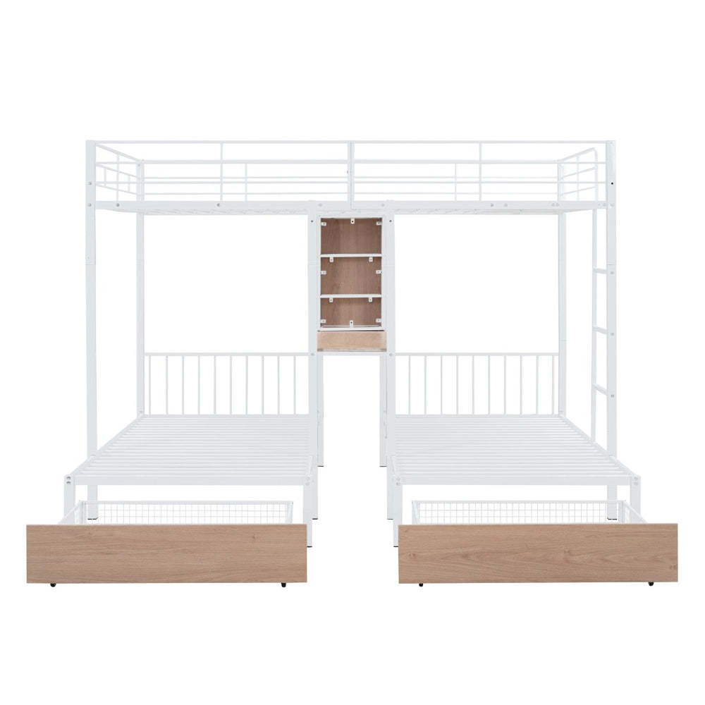 HomeRoots White Full Over Two Twins Metal Bunk Bed with Desk, Storage & Safety Guardrails for Kids’ Rooms 590390
