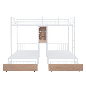 HomeRoots White Full Over Two Twins Metal Bunk Bed with Desk, Storage & Safety Guardrails for Kids’ Rooms 590390