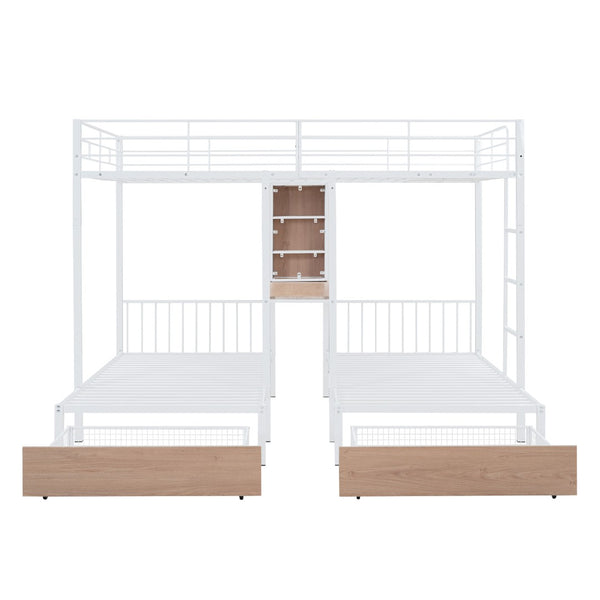 HomeRoots White Full Over Two Twins Metal Bunk Bed with Desk, Storage & Safety Guardrails for Kids’ Rooms 590390