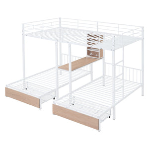 HomeRoots White Full Over Two Twins Metal Bunk Bed with Desk, Storage & Safety Guardrails for Kids’ Rooms 590390