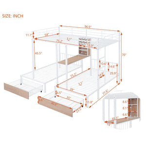 HomeRoots White Full Over Two Twins Metal Bunk Bed with Desk, Storage & Safety Guardrails for Kids’ Rooms 590390