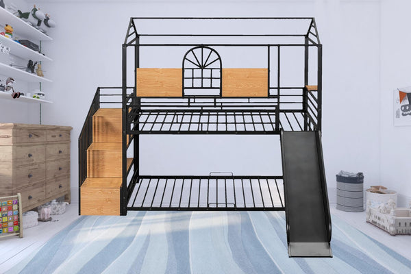 HomeRoots Black Twin Over Twin Metal Bunk Bed with Slide, Stairs & Storage - Stylish & Safe Space Saver! 590391