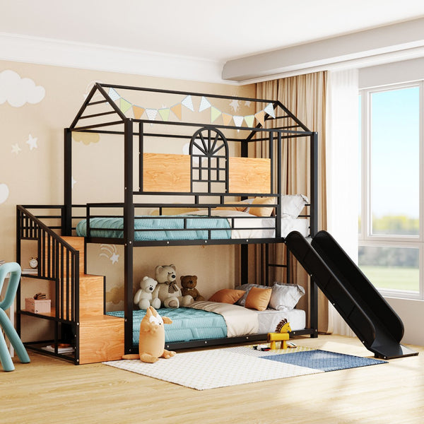 HomeRoots Black Twin Over Twin Metal Bunk Bed with Slide, Stairs & Storage - Stylish & Safe Space Saver! 590391