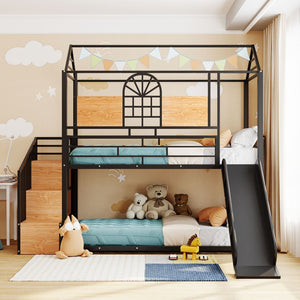 HomeRoots Black Twin Over Twin Metal Bunk Bed with Slide, Stairs & Storage - Stylish & Safe Space Saver! 590391