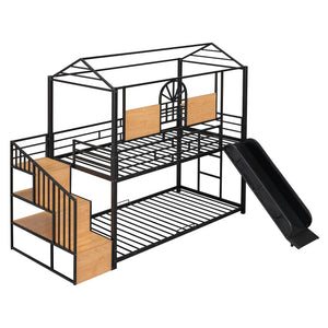 HomeRoots Black Twin Over Twin Metal Bunk Bed with Slide, Stairs & Storage - Stylish & Safe Space Saver! 590391