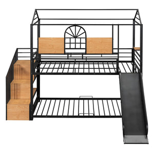 HomeRoots Black Twin Over Twin Metal Bunk Bed with Slide, Stairs & Storage - Stylish & Safe Space Saver! 590391