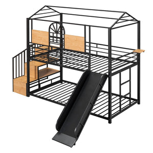 HomeRoots Black Twin Over Twin Metal Bunk Bed with Slide, Stairs & Storage - Stylish & Safe Space Saver! 590391