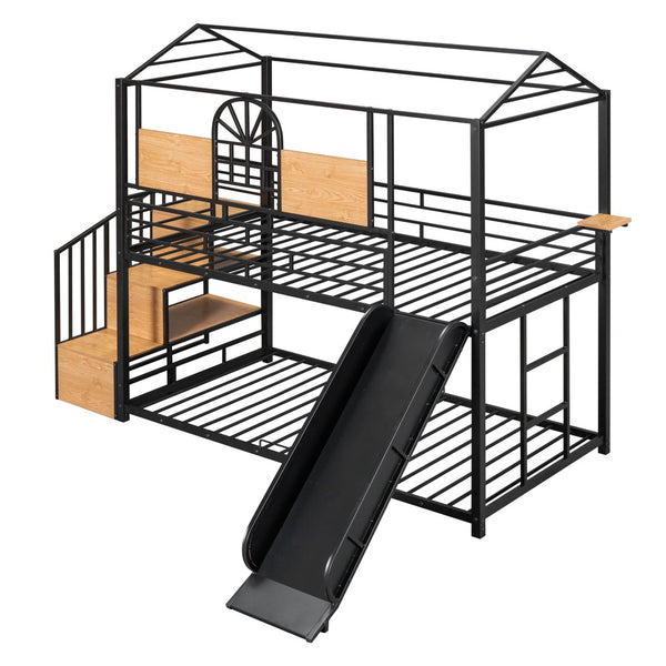 HomeRoots Black Twin Over Twin Metal Bunk Bed with Slide, Stairs & Storage - Stylish & Safe Space Saver! 590391