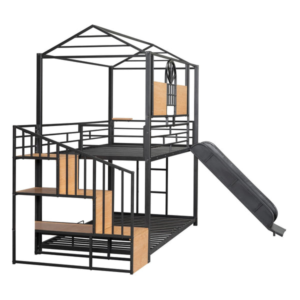 HomeRoots Black Twin Over Twin Metal Bunk Bed with Slide, Stairs & Storage - Stylish & Safe Space Saver! 590391