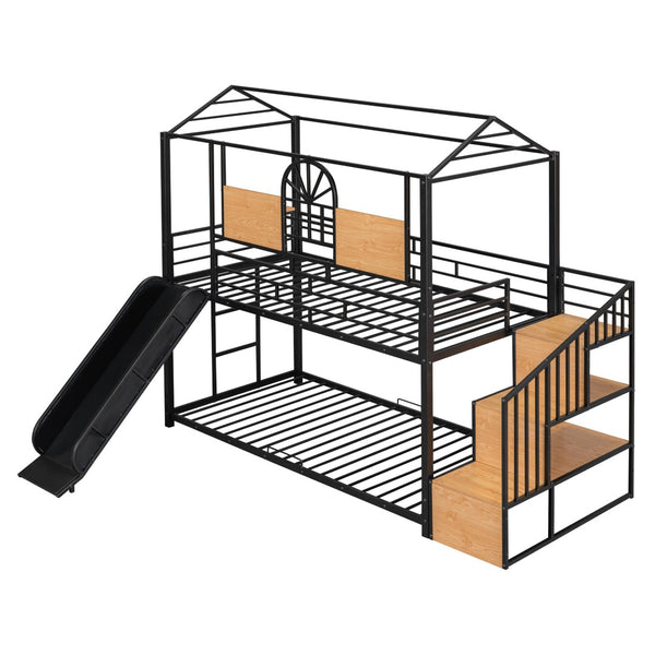 HomeRoots Black Twin Over Twin Metal Bunk Bed with Slide, Stairs & Storage - Stylish & Safe Space Saver! 590391