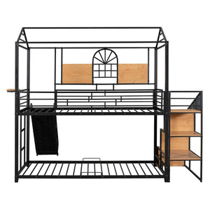 HomeRoots Black Twin Over Twin Metal Bunk Bed with Slide, Stairs & Storage - Stylish & Safe Space Saver! 590391