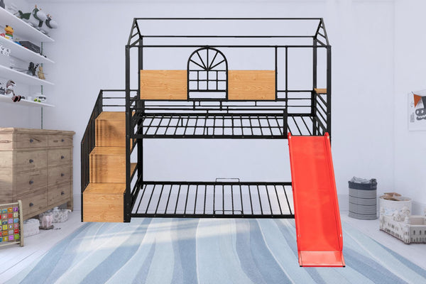 HomeRoots Black Twin Over Twin Dollhouse Bunk Bed with Slide, Stairs, Storage & Stylish Metal Frame 590392