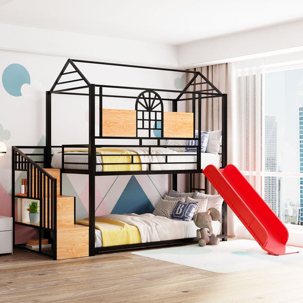 HomeRoots Black Twin Over Twin Dollhouse Bunk Bed with Slide, Stairs, Storage & Stylish Metal Frame 590392