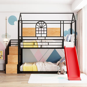 HomeRoots Black Twin Over Twin Dollhouse Bunk Bed with Slide, Stairs, Storage & Stylish Metal Frame 590392
