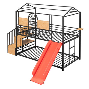 HomeRoots Black Twin Over Twin Dollhouse Bunk Bed with Slide, Stairs, Storage & Stylish Metal Frame 590392