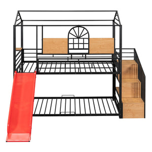 HomeRoots Black Twin Over Twin Dollhouse Bunk Bed with Slide, Stairs, Storage & Stylish Metal Frame 590392