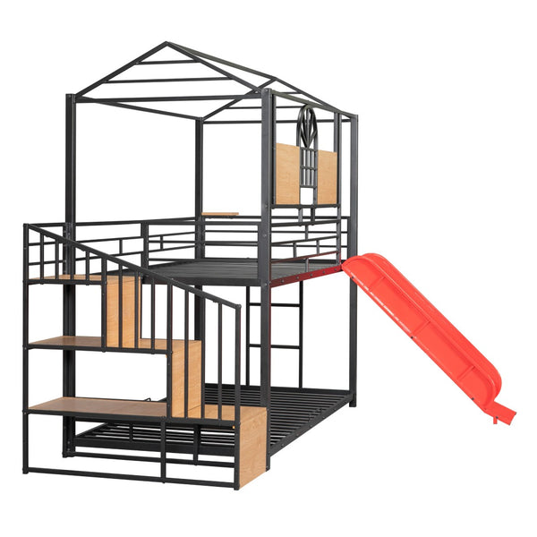 HomeRoots Black Twin Over Twin Dollhouse Bunk Bed with Slide, Stairs, Storage & Stylish Metal Frame 590392