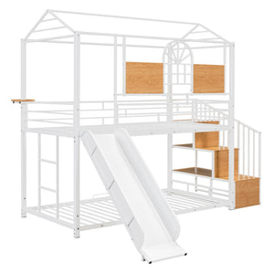 HomeRoots White Twin Over Twin Dollhouse Metal Bunk Bed with Fun Slide, Stairs, and Ample Storage Solutions 590393