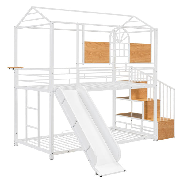 HomeRoots White Twin Over Twin Dollhouse Metal Bunk Bed with Fun Slide, Stairs, and Ample Storage Solutions 590393