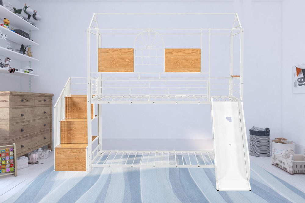 HomeRoots White Twin Over Twin Dollhouse Metal Bunk Bed with Fun Slide, Stairs, and Ample Storage Solutions 590393