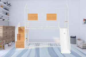 HomeRoots White Twin Over Twin Dollhouse Metal Bunk Bed with Fun Slide, Stairs, and Ample Storage Solutions 590393