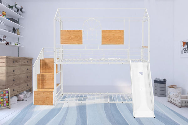 HomeRoots White Twin Over Twin Dollhouse Metal Bunk Bed with Fun Slide, Stairs, and Ample Storage Solutions 590393