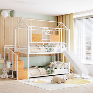 HomeRoots White Twin Over Twin Dollhouse Metal Bunk Bed with Fun Slide, Stairs, and Ample Storage Solutions 590393