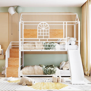HomeRoots White Twin Over Twin Dollhouse Metal Bunk Bed with Fun Slide, Stairs, and Ample Storage Solutions 590393