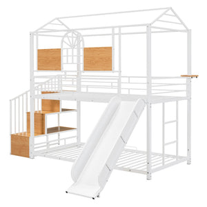 HomeRoots White Twin Over Twin Dollhouse Metal Bunk Bed with Fun Slide, Stairs, and Ample Storage Solutions 590393