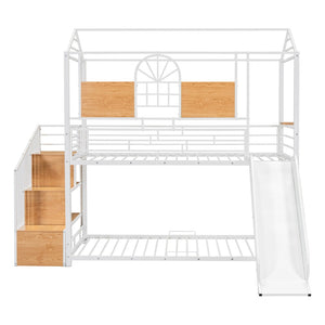 HomeRoots White Twin Over Twin Dollhouse Metal Bunk Bed with Fun Slide, Stairs, and Ample Storage Solutions 590393