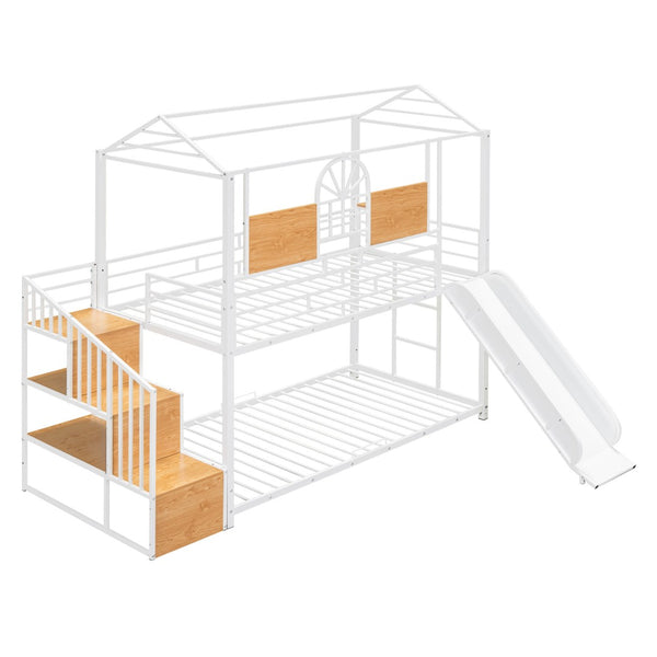 HomeRoots White Twin Over Twin Dollhouse Metal Bunk Bed with Fun Slide, Stairs, and Ample Storage Solutions 590393