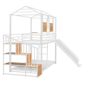 HomeRoots White Twin Over Twin Dollhouse Metal Bunk Bed with Fun Slide, Stairs, and Ample Storage Solutions 590393
