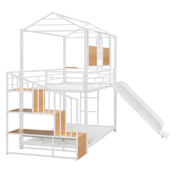 HomeRoots White Twin Over Twin Dollhouse Metal Bunk Bed with Fun Slide, Stairs, and Ample Storage Solutions 590393