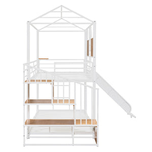 HomeRoots White Twin Over Twin Dollhouse Metal Bunk Bed with Fun Slide, Stairs, and Ample Storage Solutions 590393